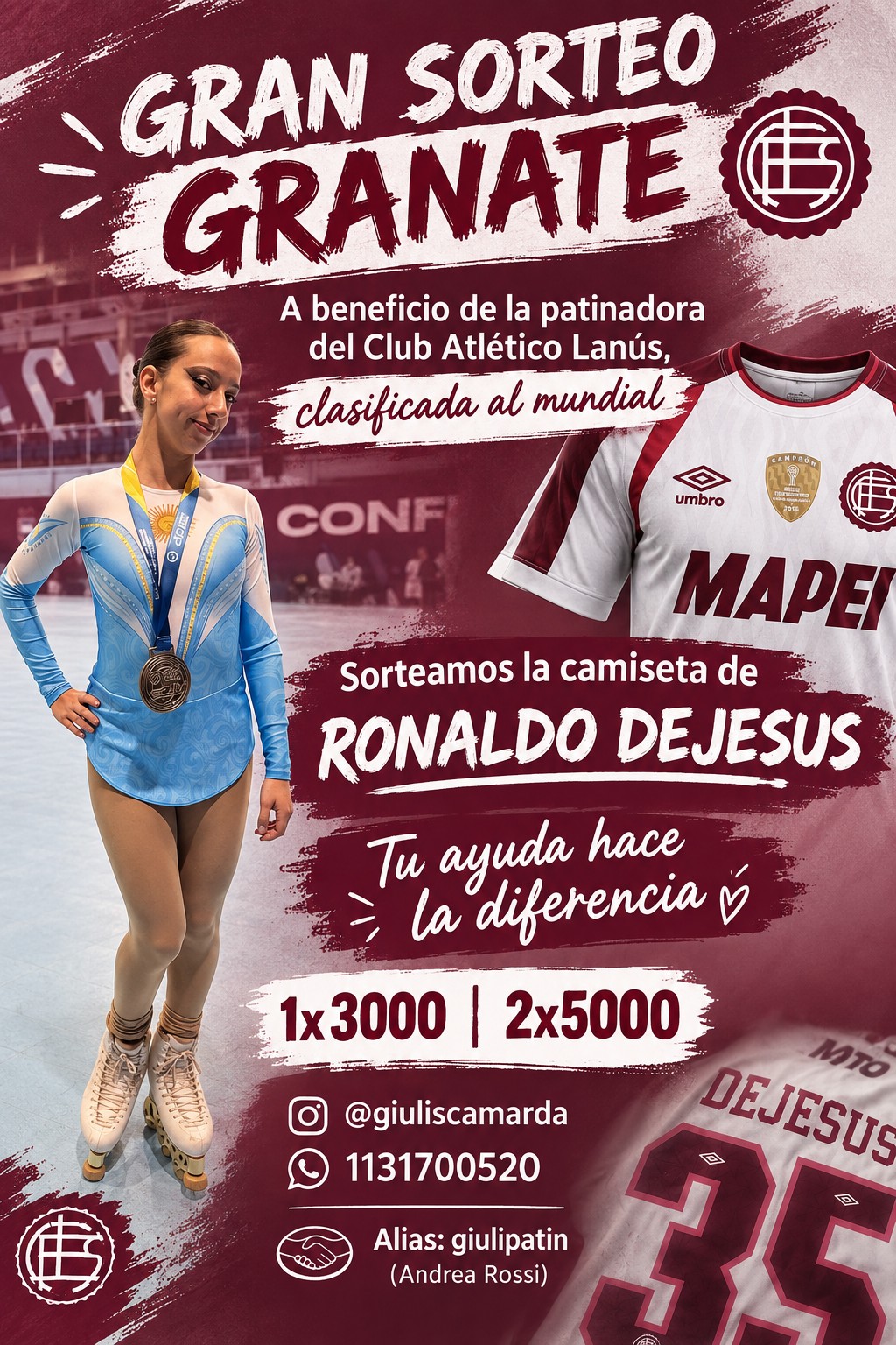 Sueño mundialista a pulmón: la patinadora Giuliana Scamarda sortea una camiseta de Lanús para costear su viaje
