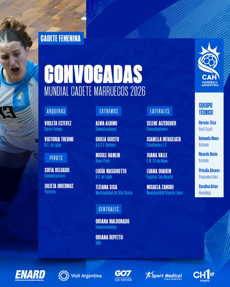 La placa oficial de la Confederación Argentina de Handball con la nómina completa de 16 jugadoras convocadas por Hernán Siso.