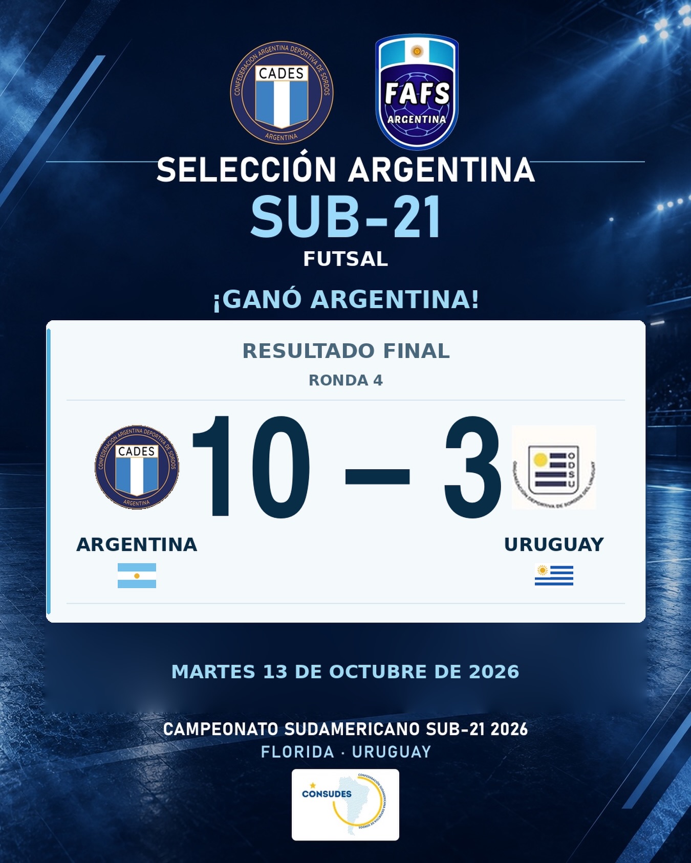 La placa oficial del resultado final que decretó el aplastante triunfo de Argentina ante Uruguay. (Diseño: CADES)